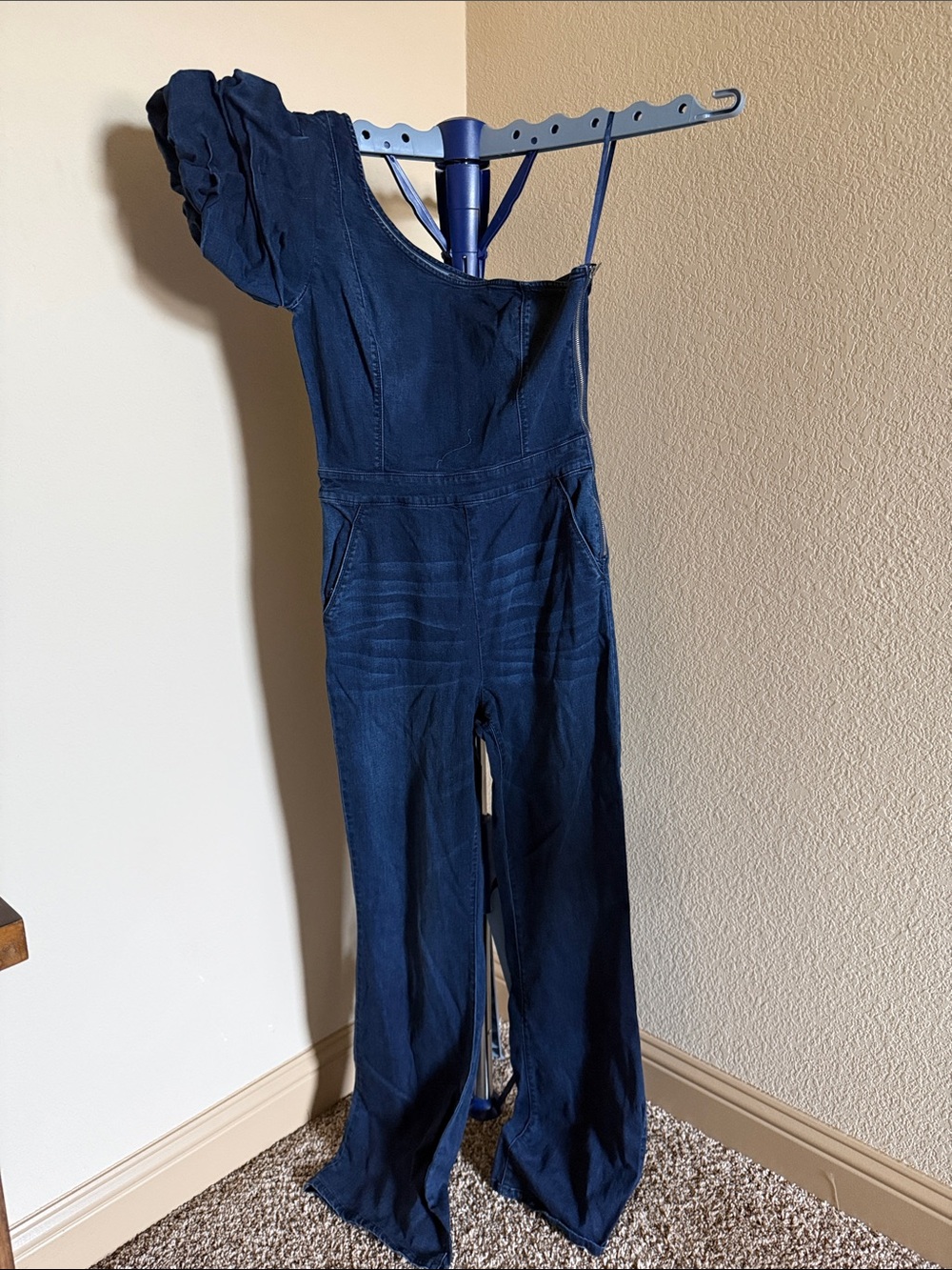 bebe Navy One-Shoulder Jumpsuit